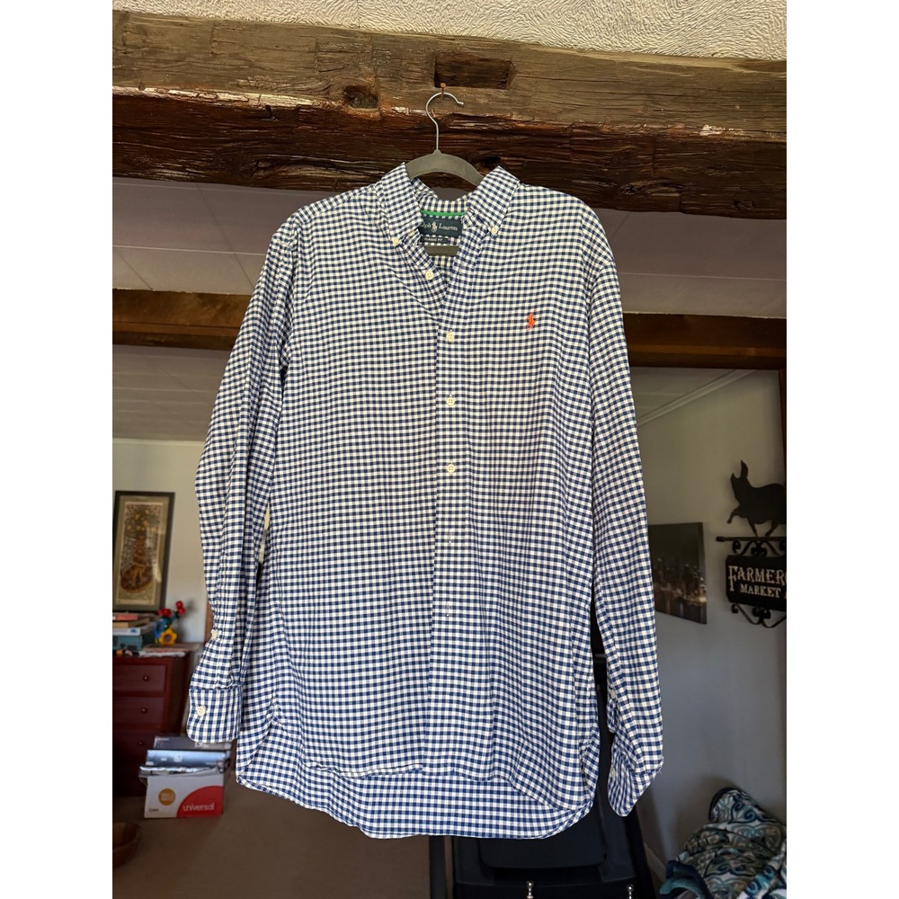 Polo Ralph Lauren Mens Classic Fit Gingham Button Down Shirt Blue White Medium